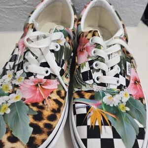 Vans Floral Leopard Checkerboard Lace-Up Sneakers - White/Multi Sz 7.5